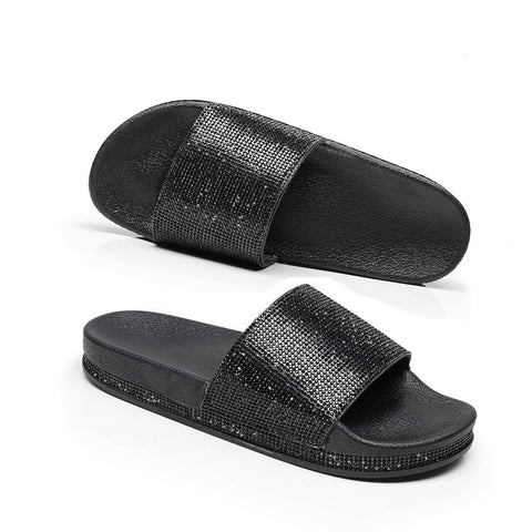 Fashion Women Slippers Crystal Flat Heel Summer Shoes Female Indoor Outside Bling Beach Slides Open Toe Rhinestone Ladies Shoe