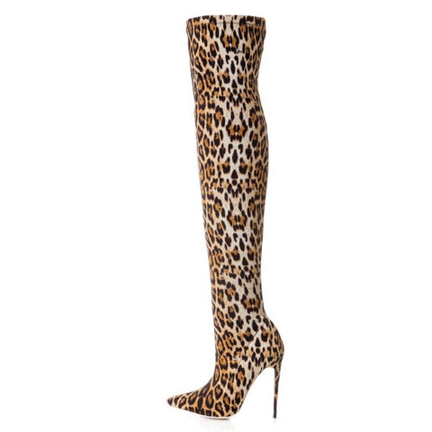 azmodo Leopard Pointed Toe Fashion Thigh High Boots