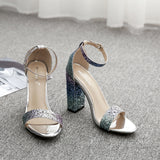 Glittering womens high heels sandals for summer flock buckle chunky heel multicolor fashion party dress ladies shoes sandalias