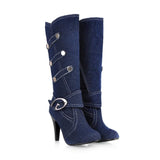 Chic Denim Low Heel Knee High Boots with Buckle