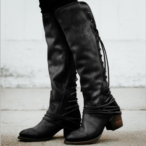 azmodo  Vintage Lace Up High Heel Knee High Boots