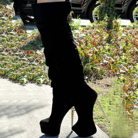 Fashionable Nubuckle Leather Meatal Rivets Heel Platform Knee High Boots