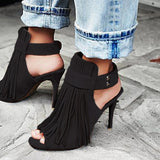 AZMODO Stylish Buckle Peep Toe Stiletto Heel Fringe Sandals