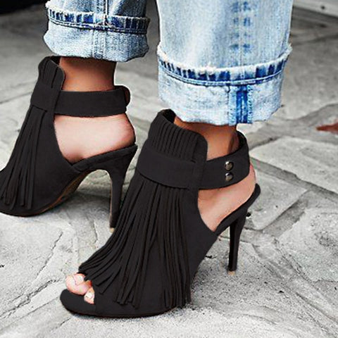 AZMODO Stylish Buckle Peep Toe Stiletto Heel Fringe Sandals
