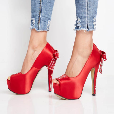 azmodo  Brilliant Red Back Bow & Rhinestone Bridal Shoes