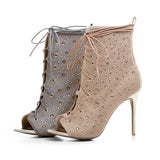 azmodo  Peep-toe Lace-up Rhinestone Stiletto Heels