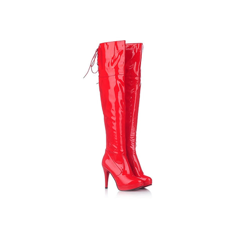 azmodo  Patent Leather Lace up Zipper Knee High Boots