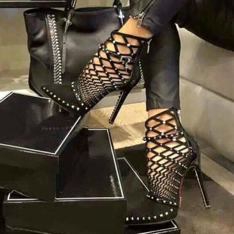 AZMODO Sexy Black Rivet Side Zipper Pointed Toe Stiletto Heels
