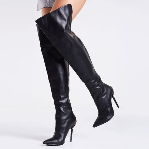 azmodo Black Back Zipper Knee High Boots
