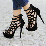 AZMODO Black Butterfly Cut-Outs Style Stiletto Heel Peep Toe Sandals