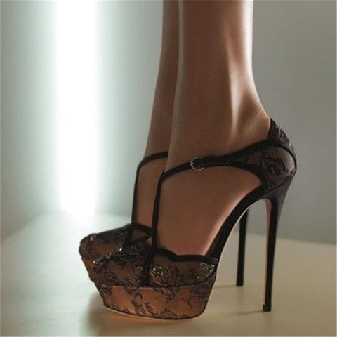 Lace T-Wrap Platform Heels