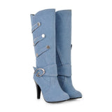 Chic Denim Low Heel Knee High Boots with Buckle