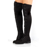 azmodo Black Suede Cross Strap Block Heel Thigh High Boots