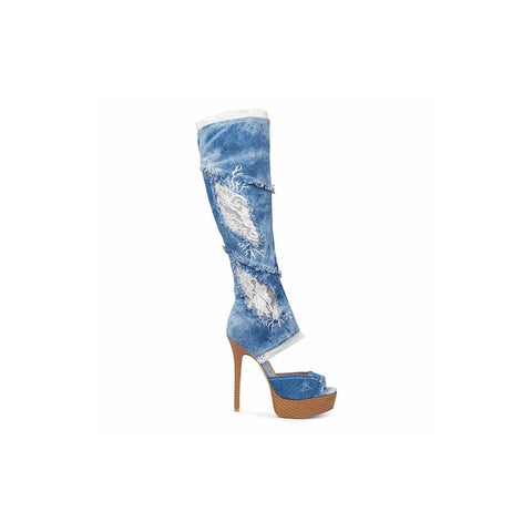 azmodo  Sexy Denim Flower Print Knee High Boots