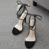 azmodo 2019 Sexy nightclub women's sandals shoes hollow cross tied lace up stilettos high heels sandals thin heel transparent PVC shoes