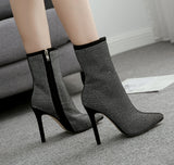 Women Ankle Boots Plus Size Rhinestones High Heels Shoes Woman Zip Pointed Toe Sexy Motorcycle Boots For Females