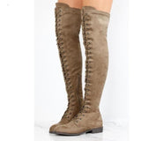 azmodo Black Suede Cross Strap Block Heel Thigh High Boots