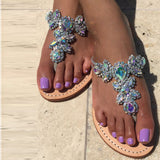 Women Silver Jeweled Hand Crafted Crystal Flip Flops Rhinestones Flats Sandals