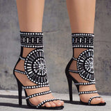 Women Strappy High Heels Gladiator Stilettos Peep Toe Embellished Rhinestone Jeweled Sandals