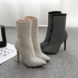 Women Ankle Boots Plus Size Rhinestones High Heels Shoes Woman Zip Pointed Toe Sexy Motorcycle Boots For Females