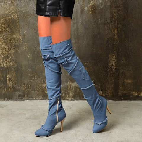 azmodo Stylish Denim Over Knee High Boots