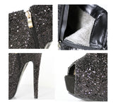 azmodo Shining Black Peep-toe Platform Ankle Boots