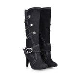 Chic Denim Low Heel Knee High Boots with Buckle