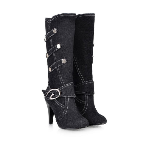 Chic Denim Low Heel Knee High Boots with Buckle