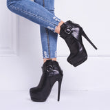 azmodo Black Patchwork Buckle Extreme High Heel Ankle Boots