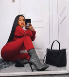 Women Ankle Boots Plus Size Rhinestones High Heels Shoes Woman Zip Pointed Toe Sexy Motorcycle Boots For Females