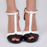 azmodo  Black and White Two Tone Patchwork T Strap Stiletto Heels