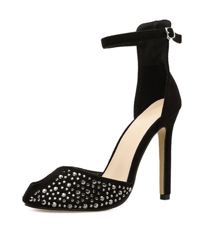 Nude pink rhinestone princess shoes high-heeled side empty word with women's shoes