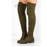 azmodo Black Suede Cross Strap Block Heel Thigh High Boots