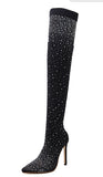 women shoes 2019 Crystal Stretch Fabric Sock Boots Pointy Toe Over-the-Knee Heel Thigh High Pointed Toe Woman Boot