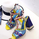 Thick with rivets mixed color sandals high-heeled with the first layer of leather shoes