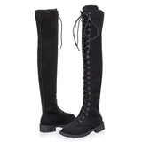 azmodo Black Suede Cross Strap Block Heel Thigh High Boots