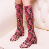 Winter new knight boots thick with medium square zipper sexy snake pattern women's boots