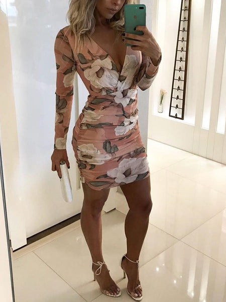 floral print long sleeve bodycon dress Floral Print Long Sleeve Ruched Bodycon Dress – AZMODO.COM