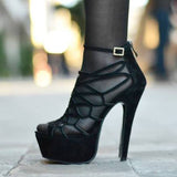 AZMODO Black Butterfly Cut-Outs Style Stiletto Heel Peep Toe Sandals