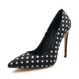azmodo Women Black Polka Dot Pointed Toe Satin Fabric Slip-On Pumps with High Stiletto Heels Shoes