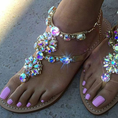 Women Glitter Rhinestones Chains Flat Bling Gladiator Sandals Gold (Plus Size Available)