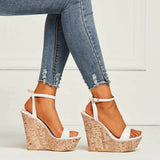 AZMODO Ankle Strap Platform Line-Style Buckle White Wedge Sandals
