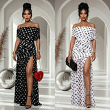 Women Off Shoulder Polka Dot Maxi Dress Ruched Bodycon Side Split Long Dress Elegant Evening Party Wedding Guest Formal Dresses