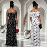 Women Off Shoulder Polka Dot Maxi Dress Ruched Bodycon Side Split Long Dress Elegant Evening Party Wedding Guest Formal Dresses
