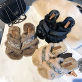Faux Fur Design Women Home Slippers Solid Color Open Toe House Indoor Winter Flat Non-slip Leisure Interior Female Shoes