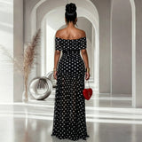 Women Off Shoulder Polka Dot Maxi Dress Ruched Bodycon Side Split Long Dress Elegant Evening Party Wedding Guest Formal Dresses