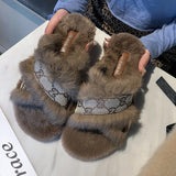 Faux Fur Design Women Home Slippers Solid Color Open Toe House Indoor Winter Flat Non-slip Leisure Interior Female Shoes