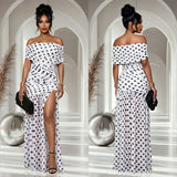 Women Off Shoulder Polka Dot Maxi Dress Ruched Bodycon Side Split Long Dress Elegant Evening Party Wedding Guest Formal Dresses