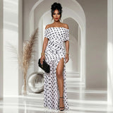 Women Off Shoulder Polka Dot Maxi Dress Ruched Bodycon Side Split Long Dress Elegant Evening Party Wedding Guest Formal Dresses