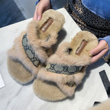 Faux Fur Design Women Home Slippers Solid Color Open Toe House Indoor Winter Flat Non-slip Leisure Interior Female Shoes